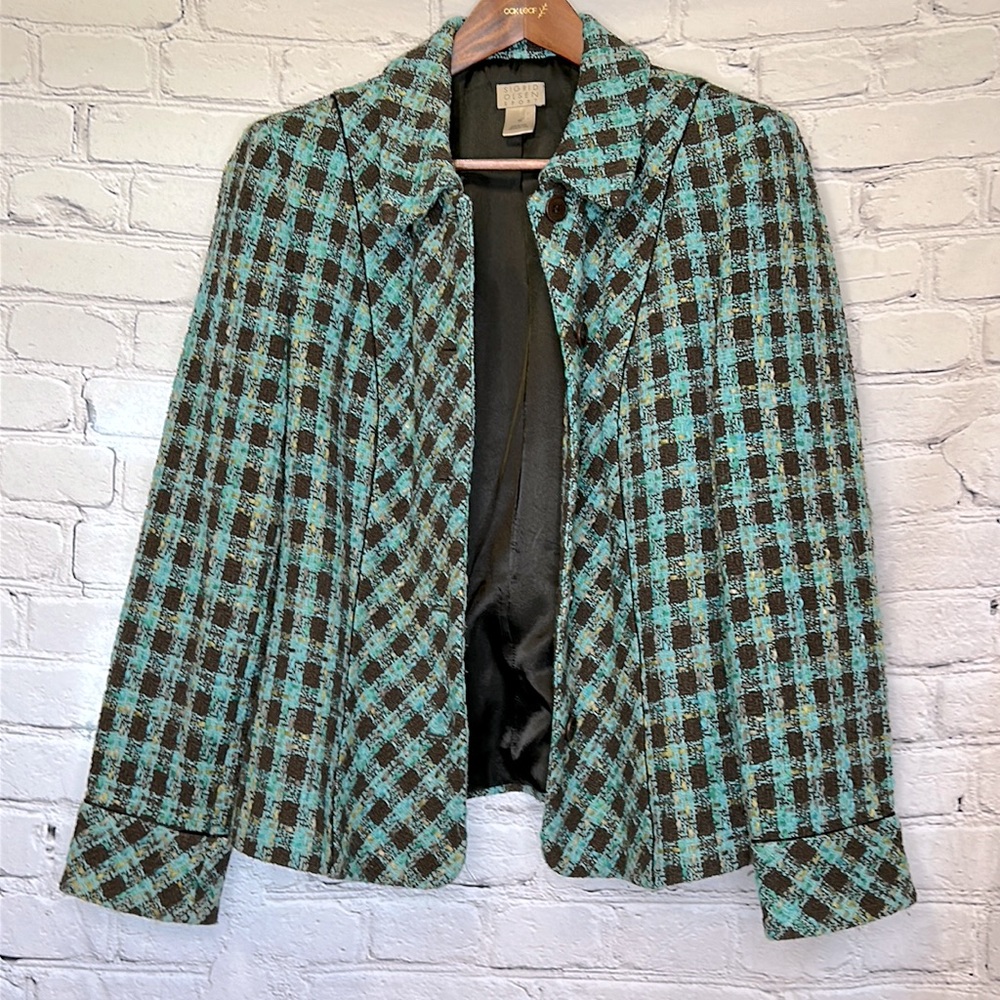 Sigrid Olsen Blue Brown Tweed Button Jacket Size 12 Excellent Condition